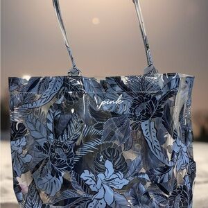 PINK Victoria's Secret Clear Floral Tote in Blue and Navy